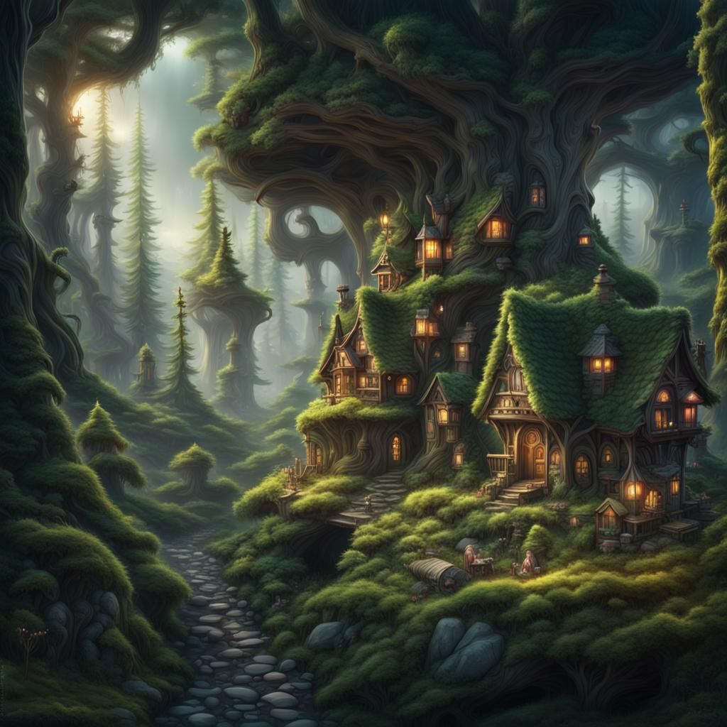 Fairy Town in Ancient Spruce Forest: Digital Matte Painting