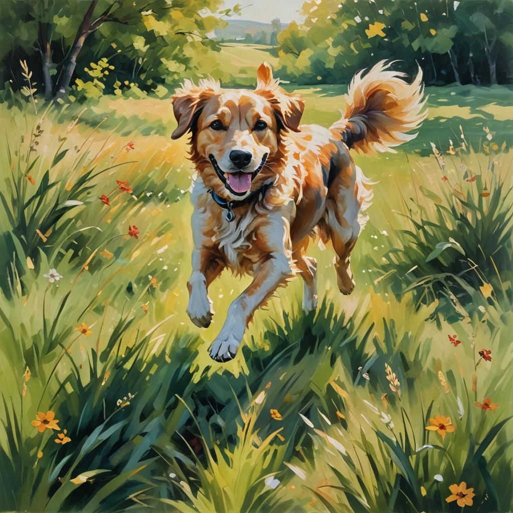 Dog Running in Summer Meadow: Impressionist Oil Painting