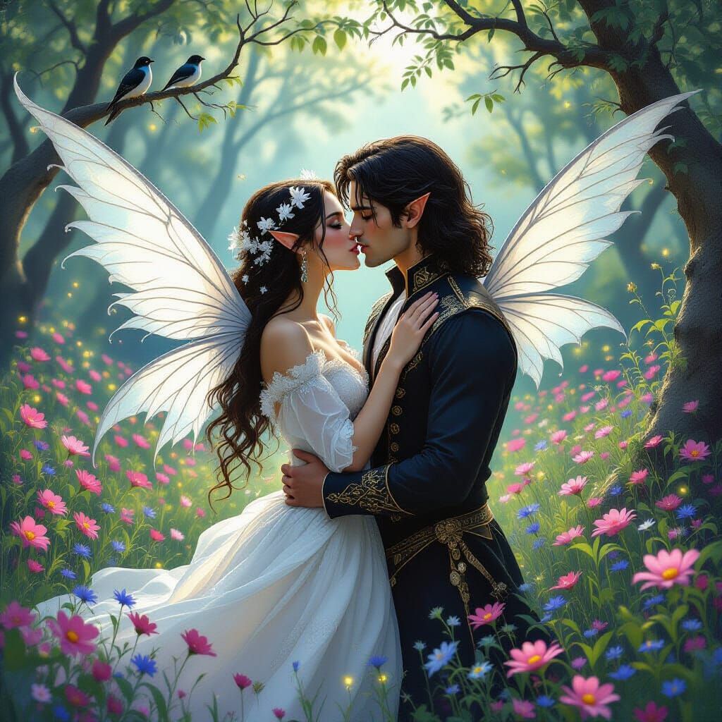 Elf Maiden Kissed by Man in Magical Forest