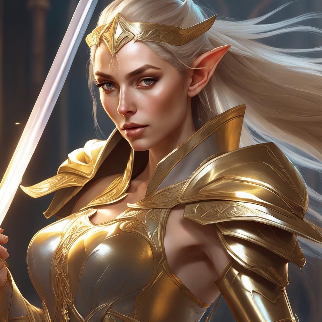 Female High Elf Ready for Battle in Golden Armor