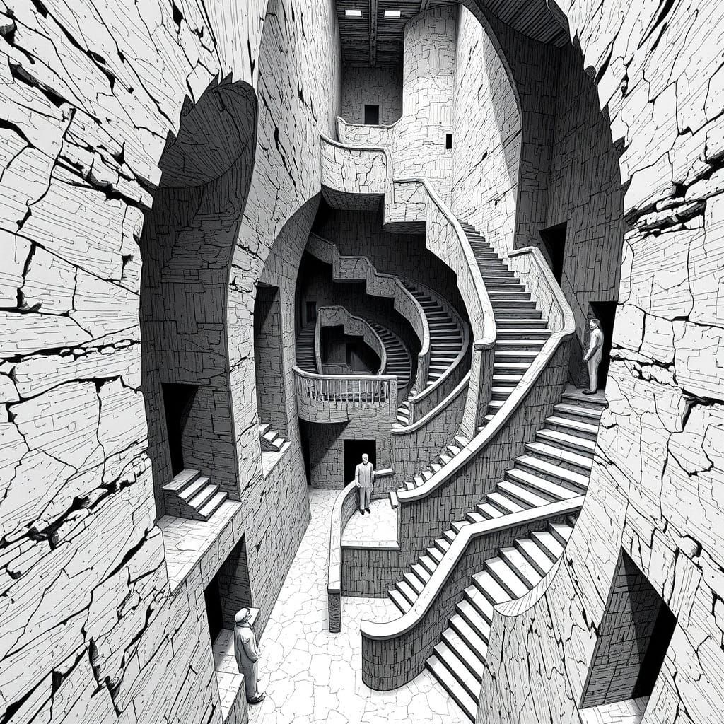 Escher-Inspired Brutalist Labyrinth with Impossible Figures
