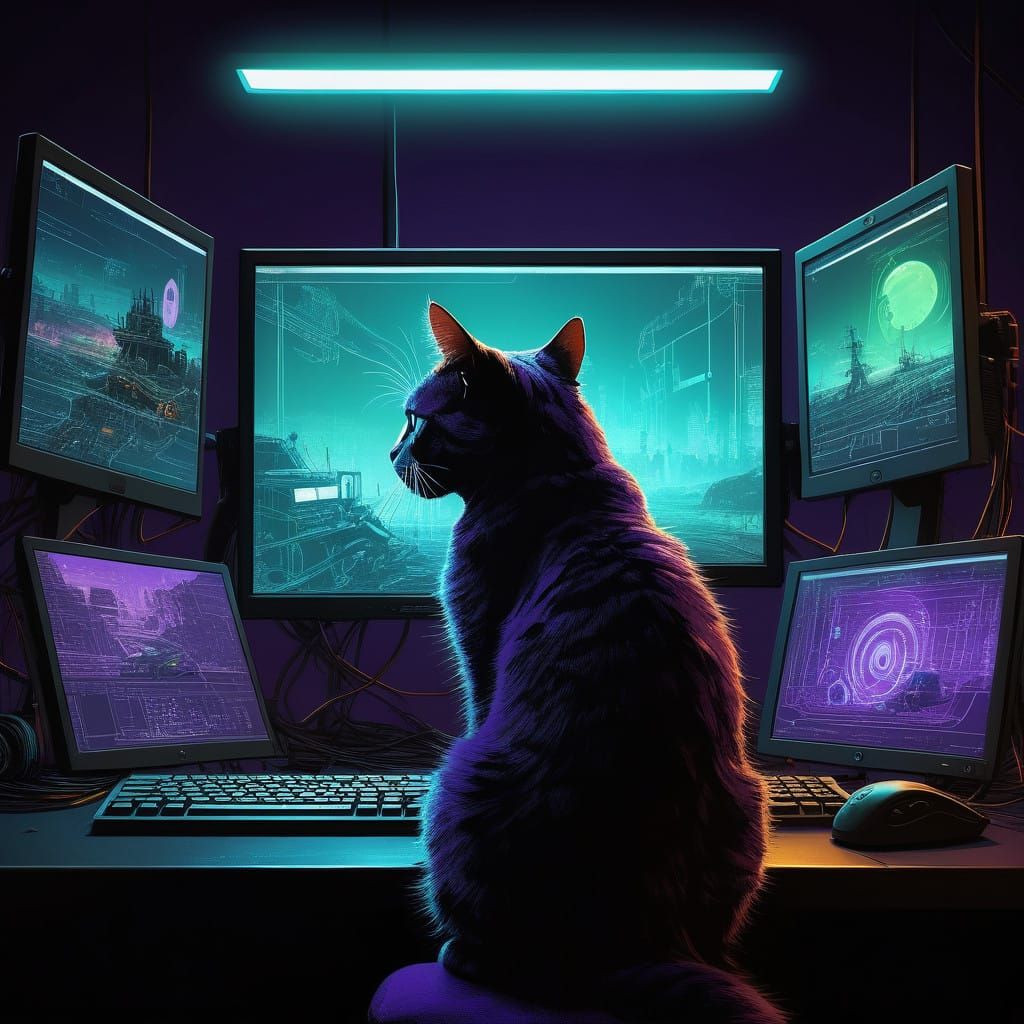 Cyberpunk Feline Hacker in Futuristic Realm
