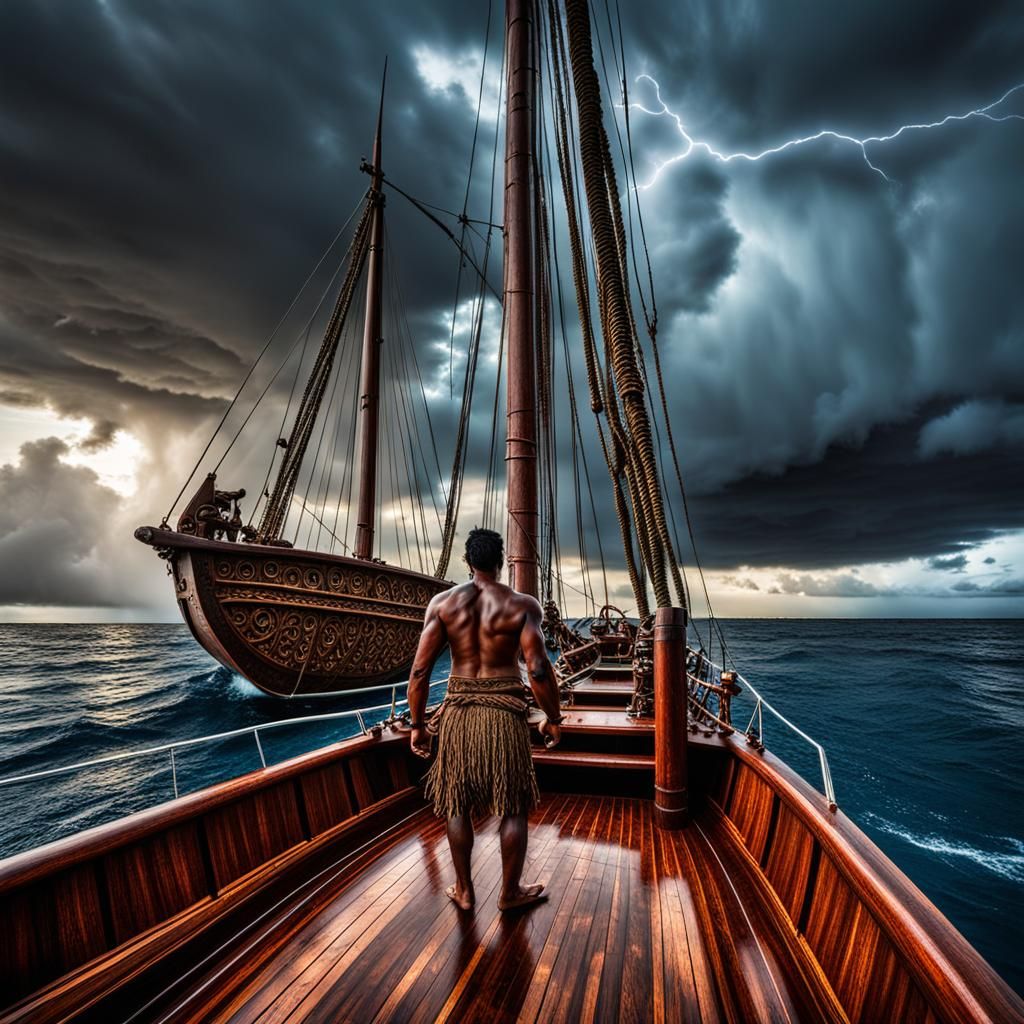 Polynesian Navigator on Catamaran at Dusk