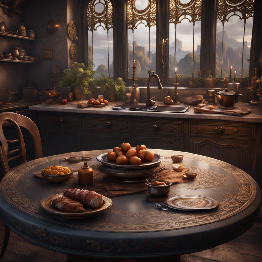 Detailed Kitchen Cooking Table in Deep Color