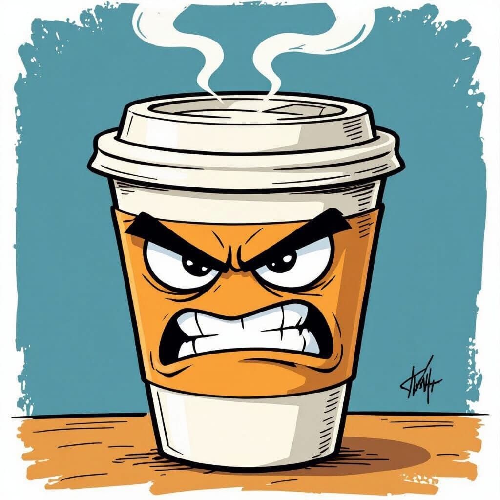 Angry Coffee Cup Character in Bold Cartoon Style