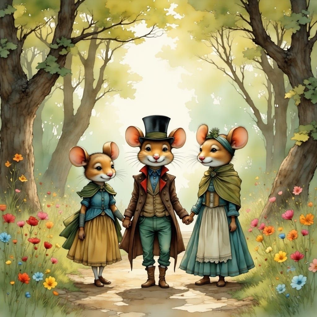 Charming Mouse Family Strolls through a Victorian Park