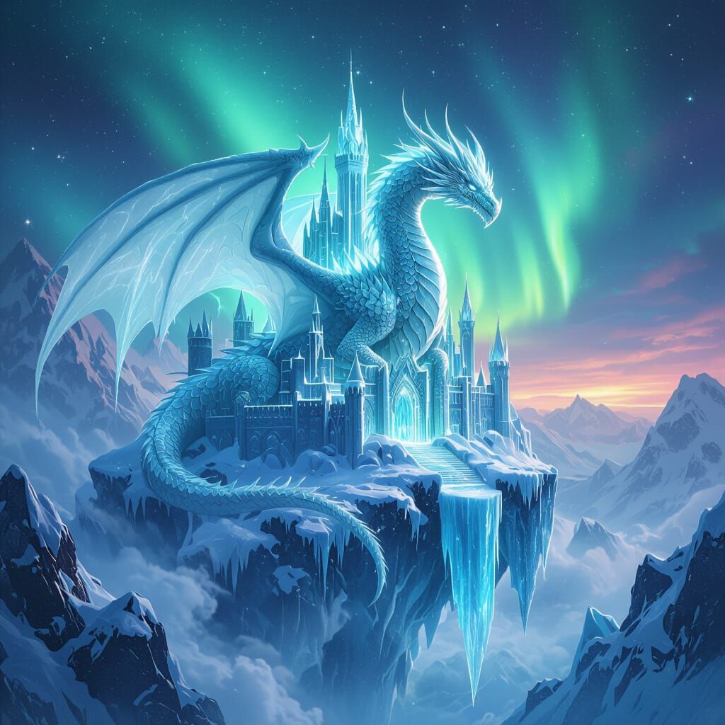 Majestic Ice Dragon Guards Celestial Castle Under Aurora Sky