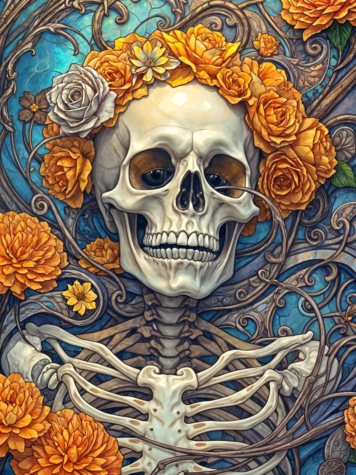 Magical Flowing Skeletons with Iridescent Marigolds