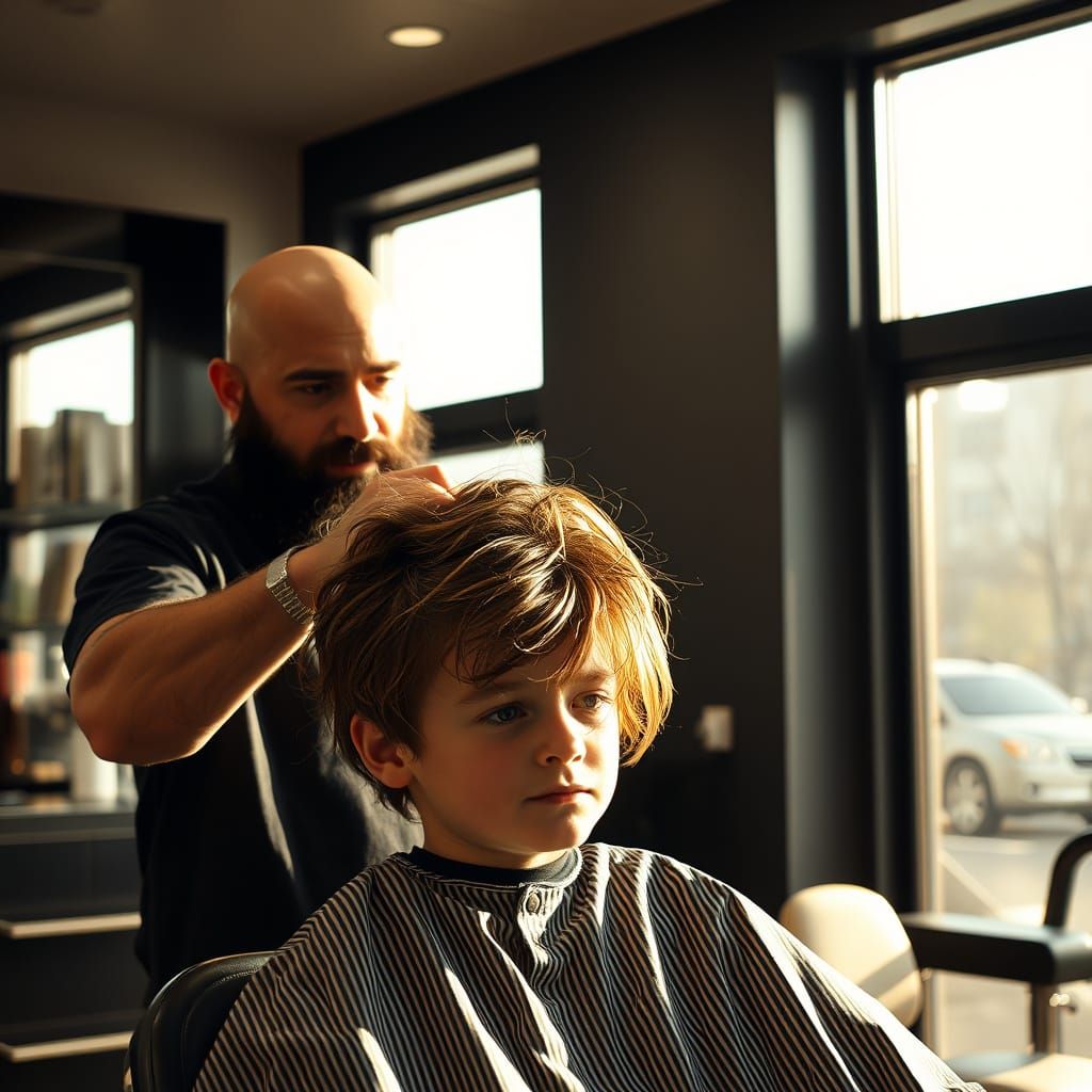 Barber in a Modern Shop, Shaving a Young Boy