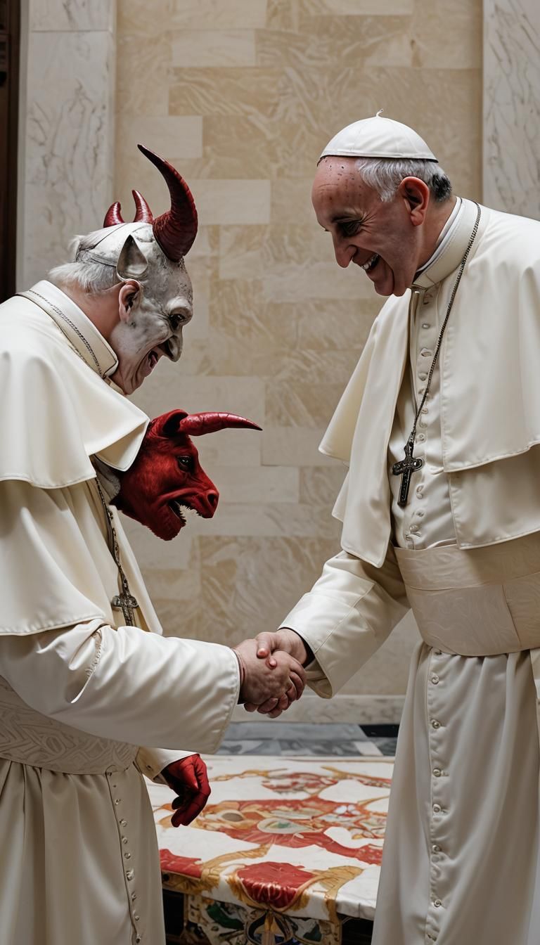 Pope Francis and Devil Shake Hands: Photorealistic Image