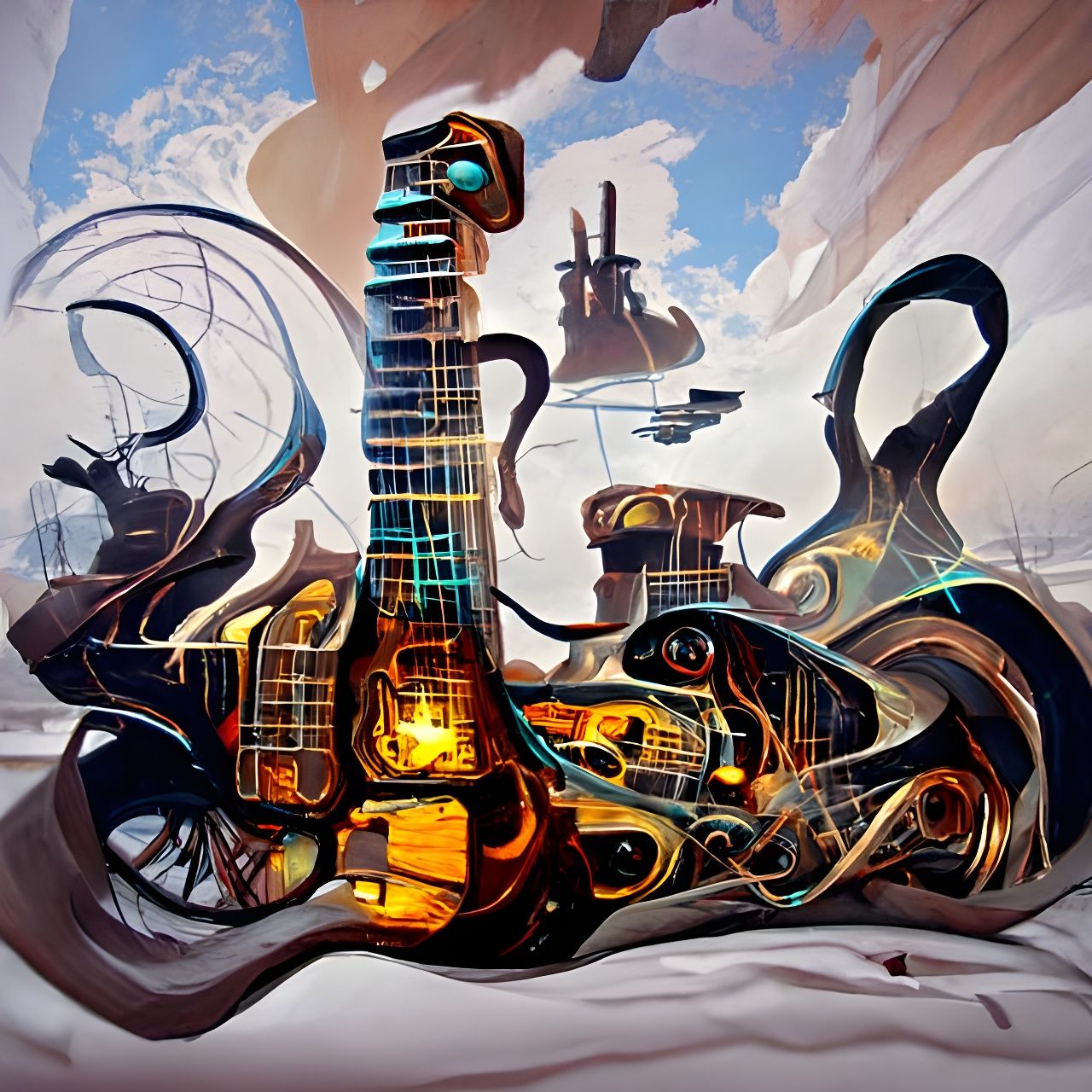 Surreal Steampunk Guitars in Abstract Landscape