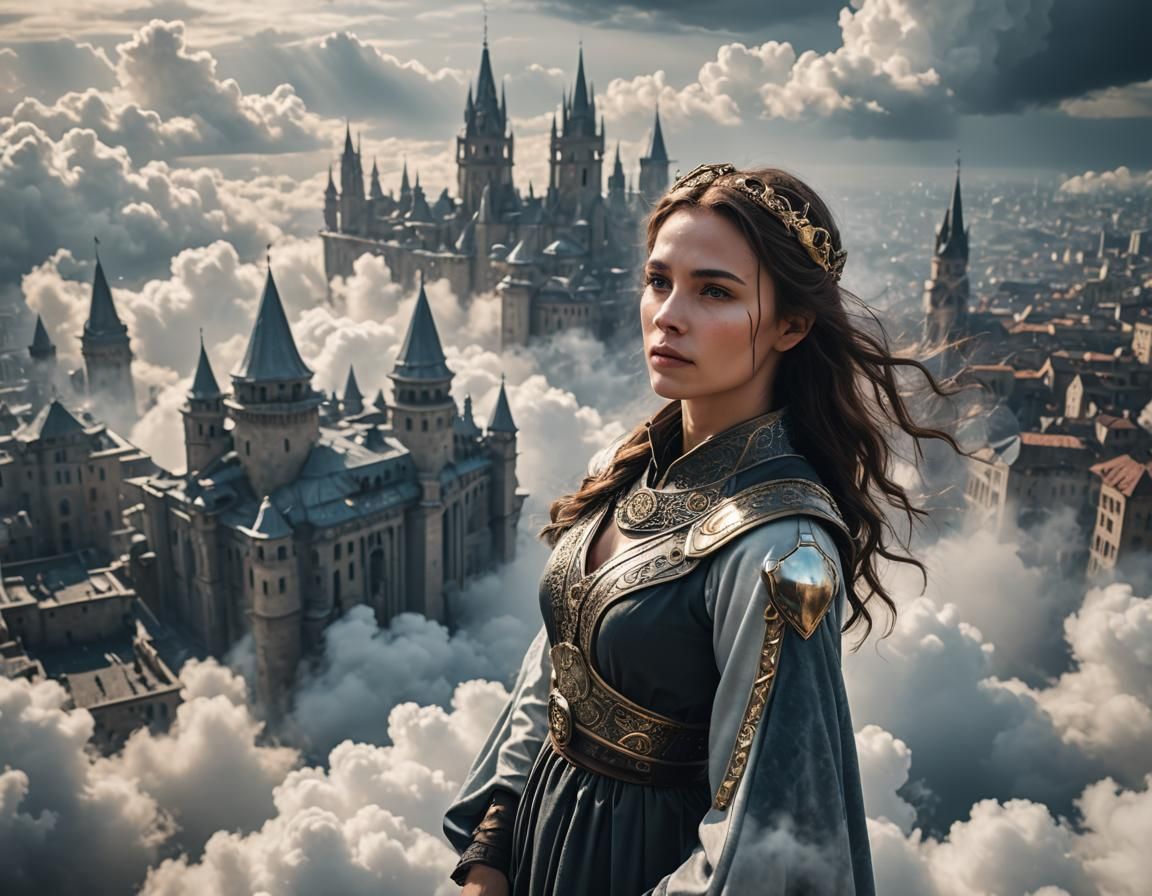 Medieval Woman in Futuristic Cloud City