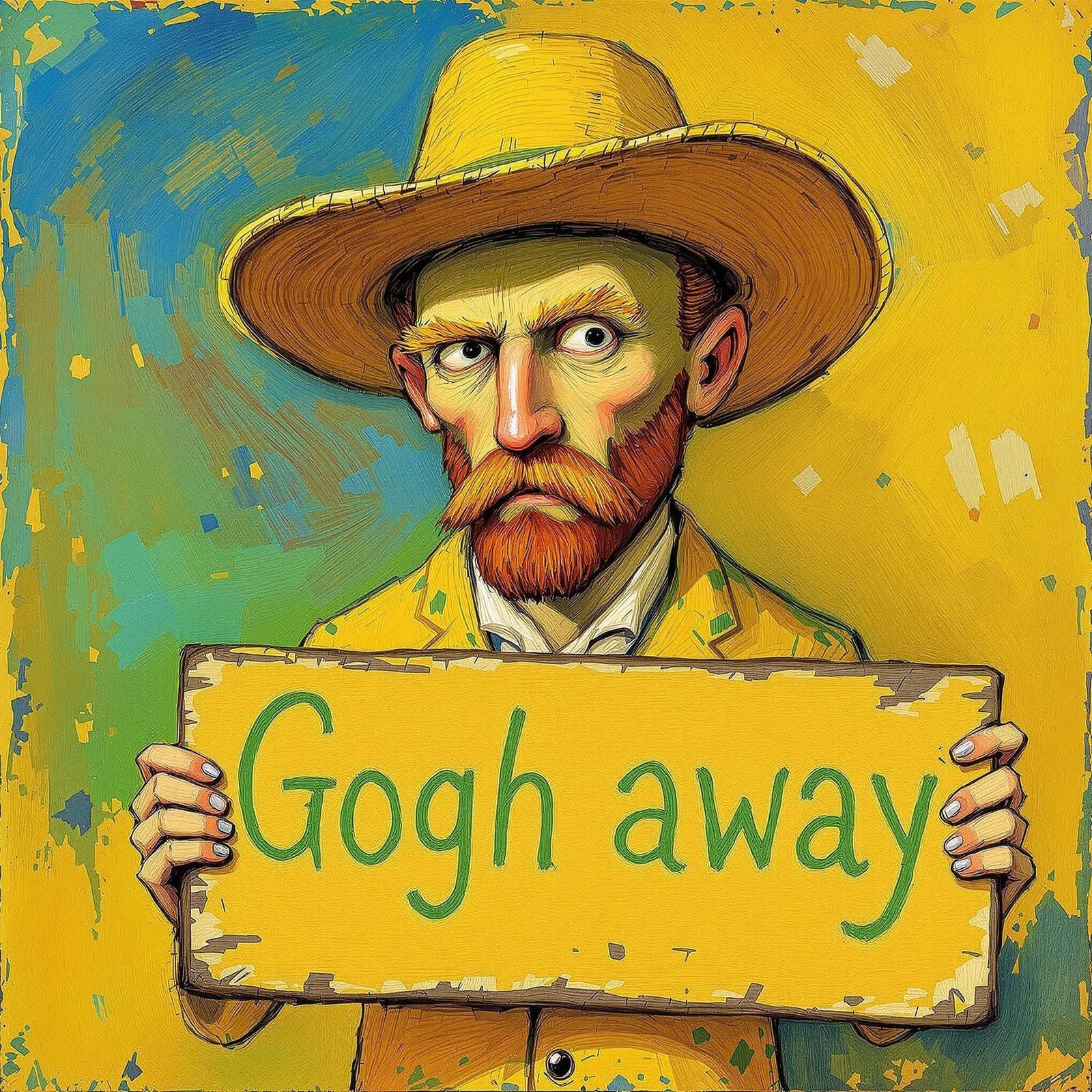Van Gogh in Sundress with Sign, Whimsical Art Style