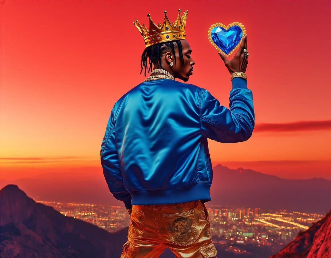 Travis Scott with Crown in Hyperrealistic Collage Art
