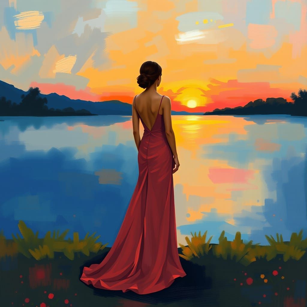 Woman in Evening Gown by Lake: Impressionist Style