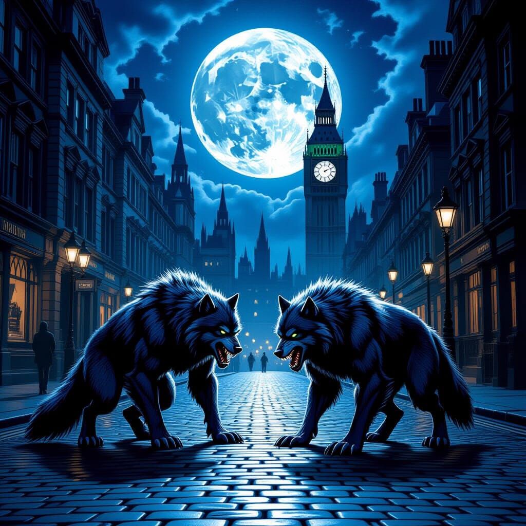 Werewolves Roam London Street Under Full Moon