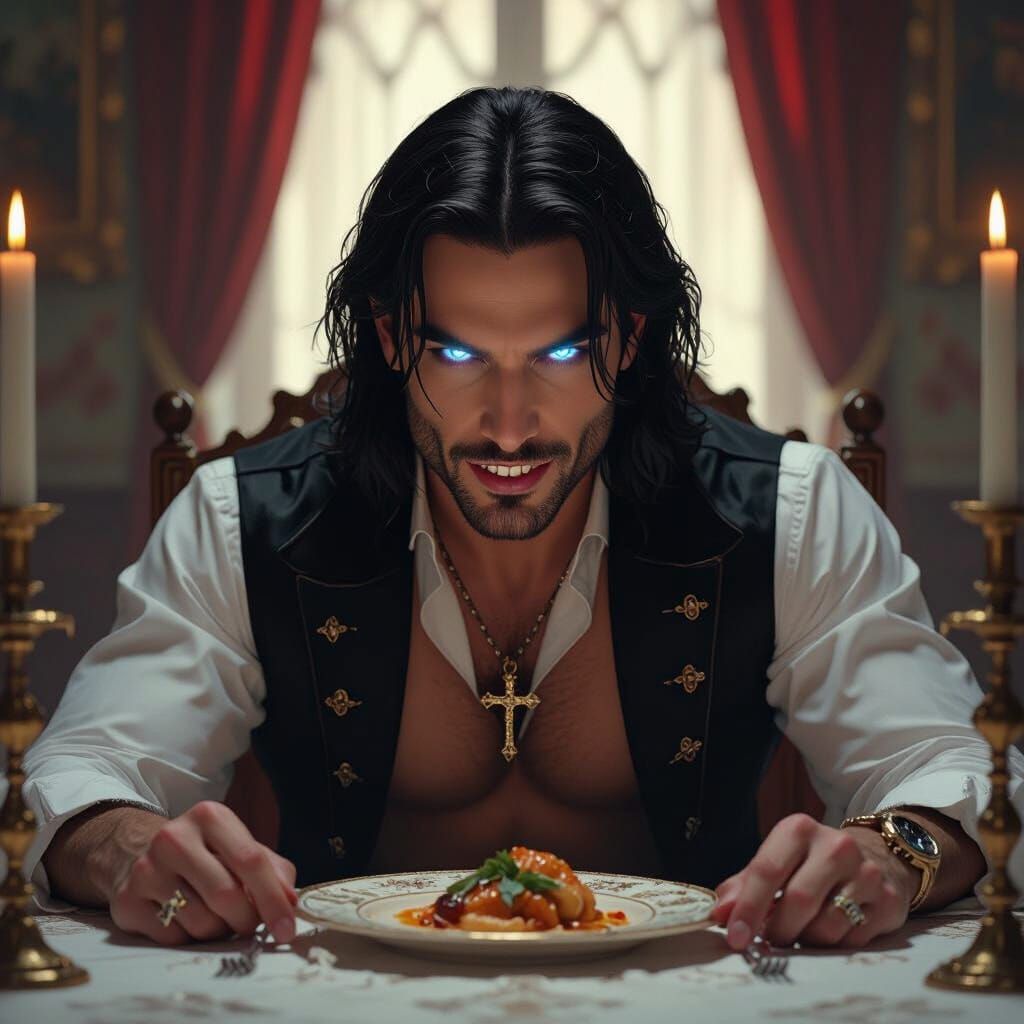 Shirtless Priest With Fangs and Blue Eyes Eating at Formal T...