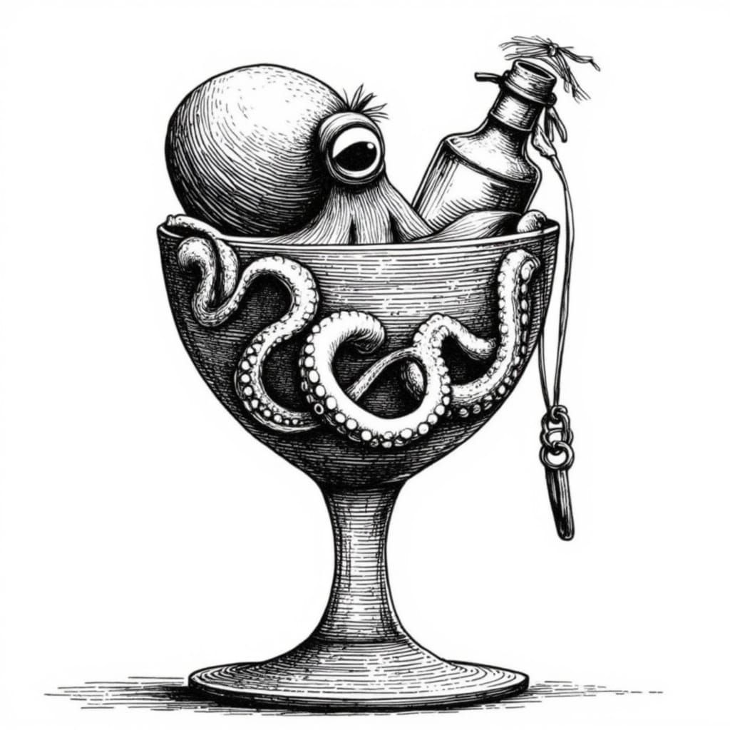 Surreal Pencil Sketch of Octopus in Vintage Glassware