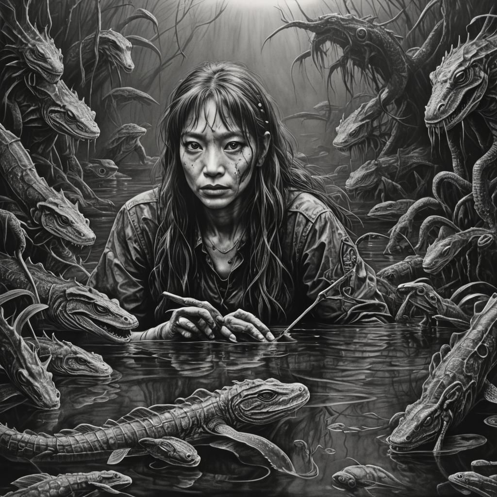 Hyperdetailed Charcoal Drawing of the Black Lagoon