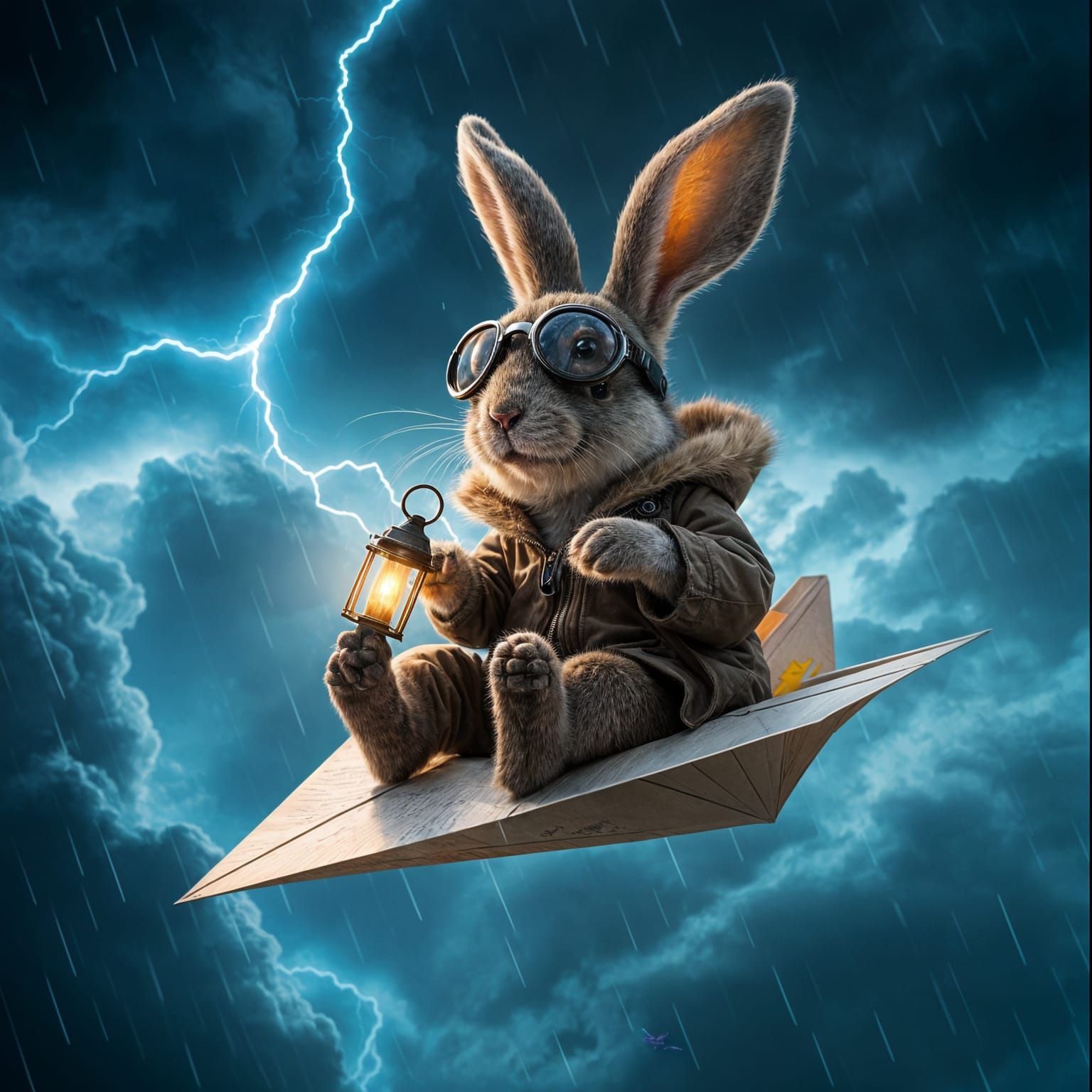 Bunny Pilot Navigates Storm in Paper Airplane