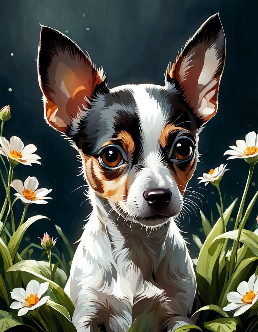 Adorable Rat Terrier Puppy in Floral Spring: Digital Art
