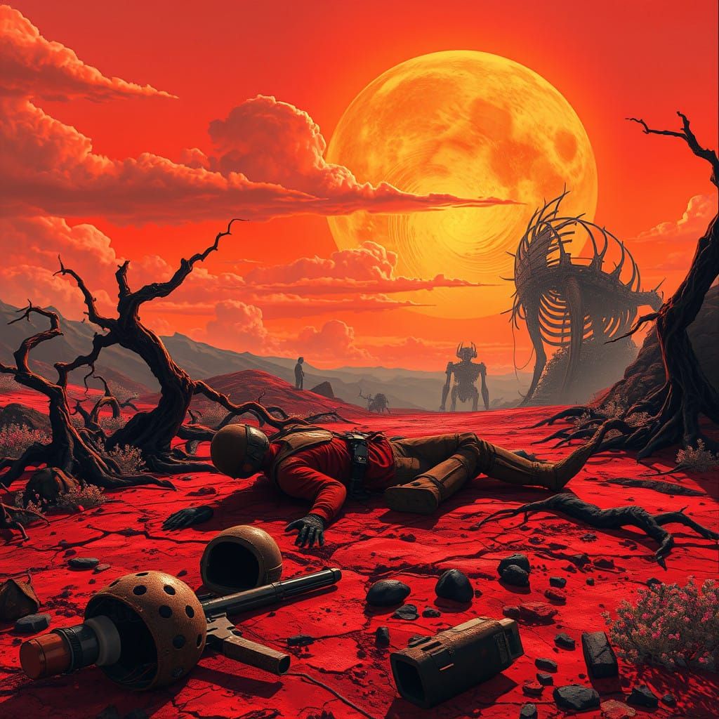 Redshirt on a Crimson Alien Planet in a Haunting Sci-Fi Land...