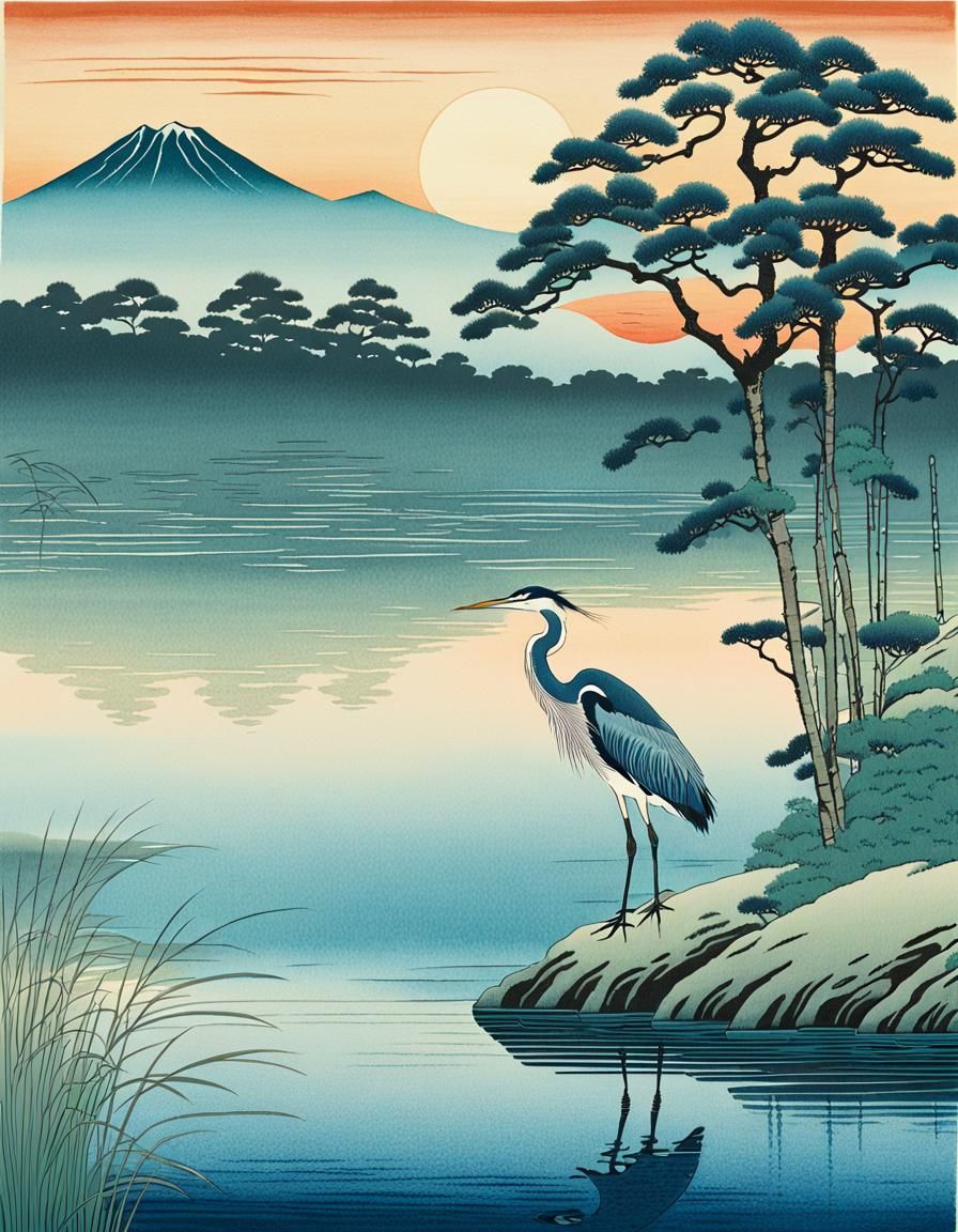 Japanese Landscape with Heron in Ukiyo-e Style