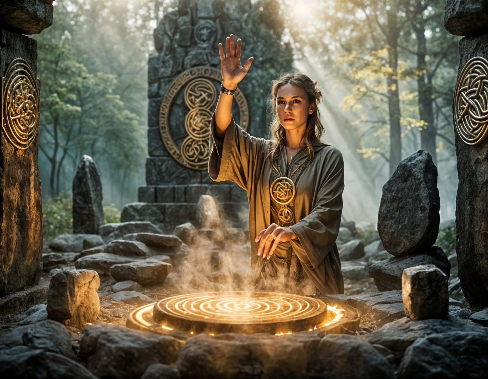 Mystical Druidess Ritual at Stonehenge in Golden Light