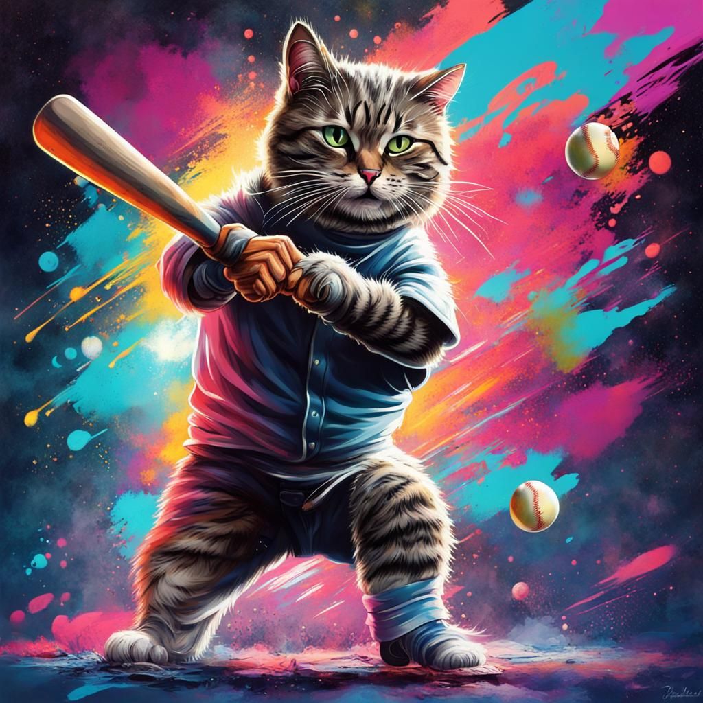 Cat Hits Baseball in Space Graffiti Art