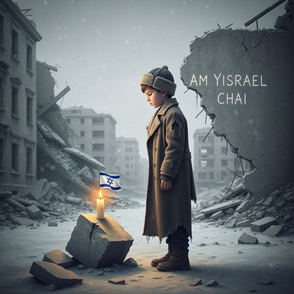 Resilient Boy with Candle in Destroyed City