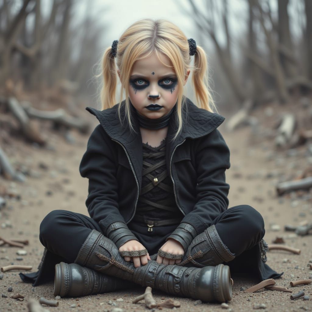 Goth Girl with Skull Face and Bone Rings in Wasteland
