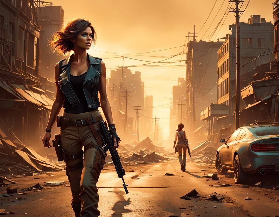 Post-Apocalyptic Woman in Ruined City, Expressionistic Light...