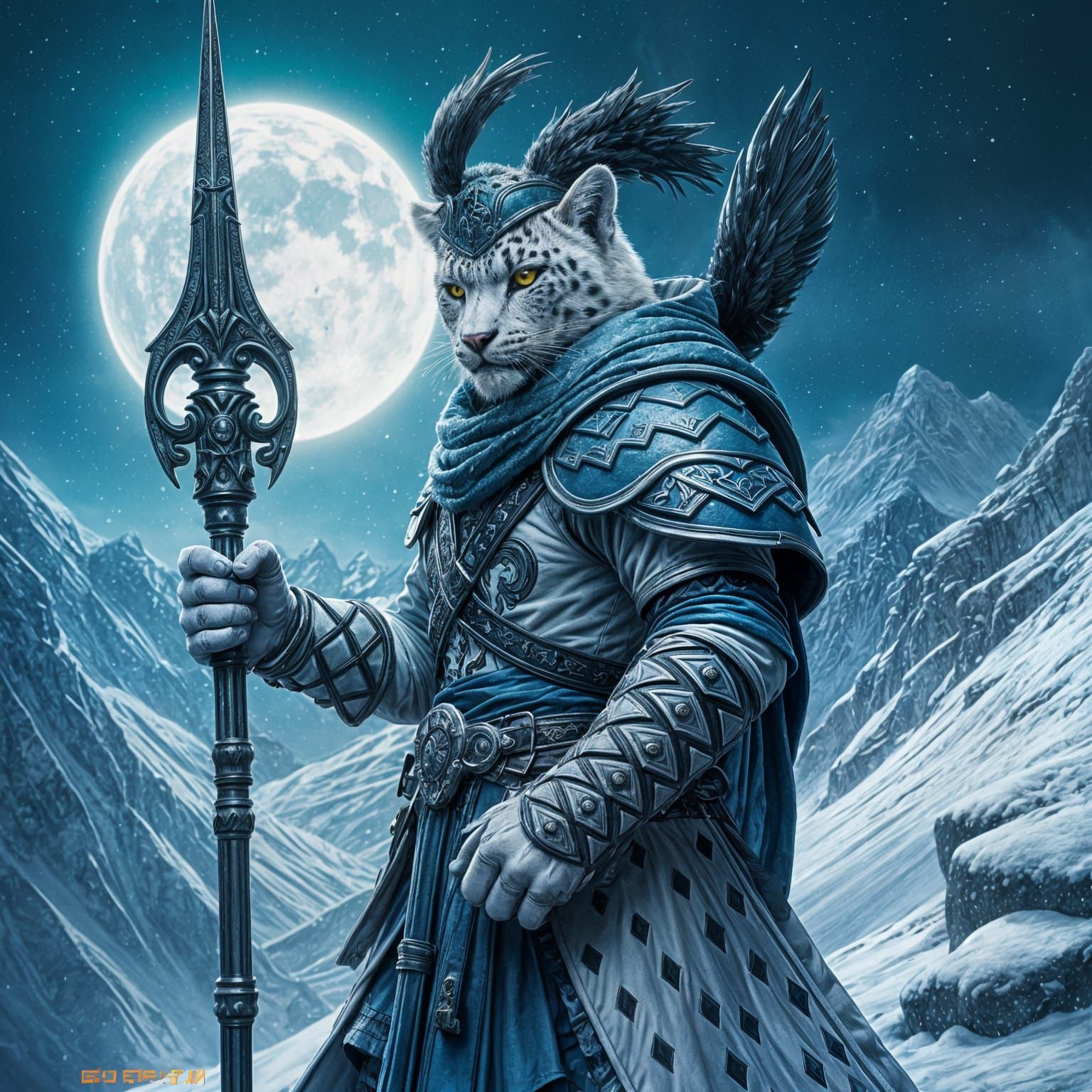 Snow Leopard Warrior on Snowy Mountain, Anime Style
