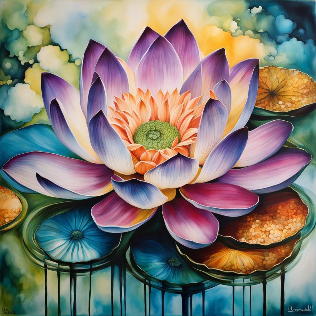 Buddha in Terrarium with Lotus Flowers, Alcohol Inks