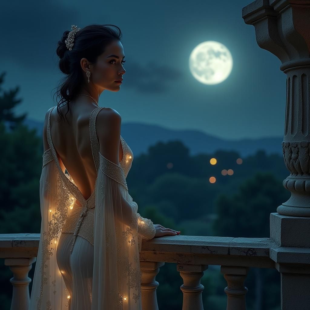 Woman in Translucent Robe on Balcony, Hyperrealistic Portrai...