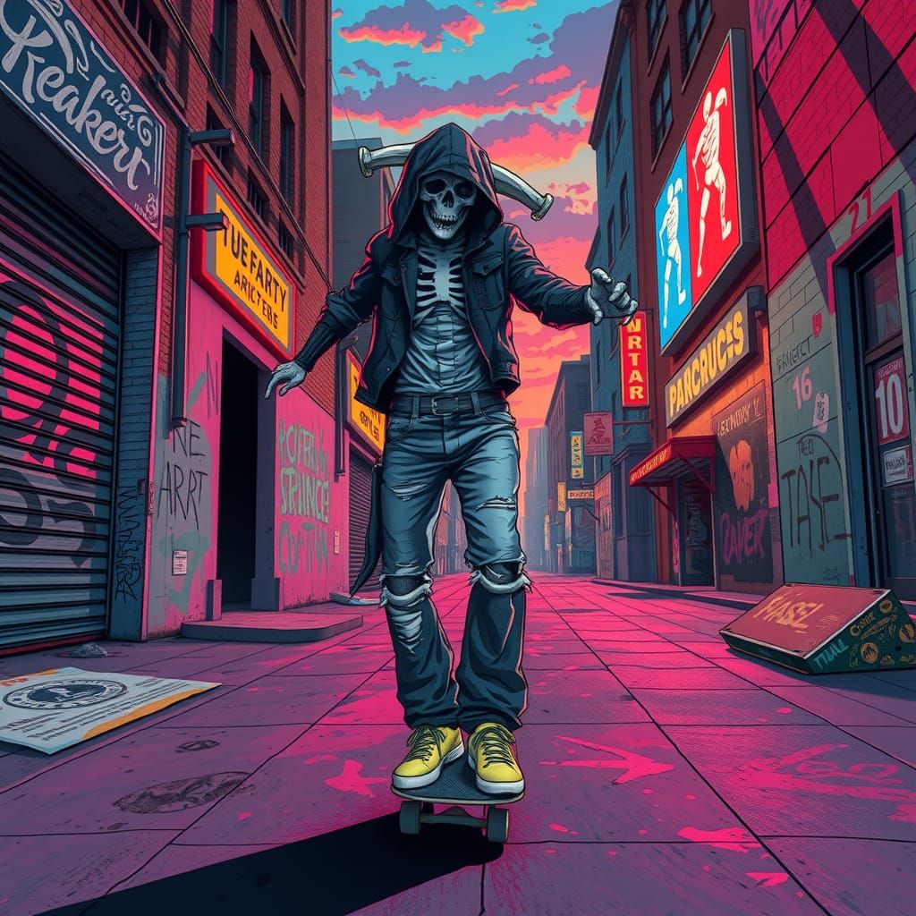 Grim Reaper Skateboarding: Street Art Editorial Illustration