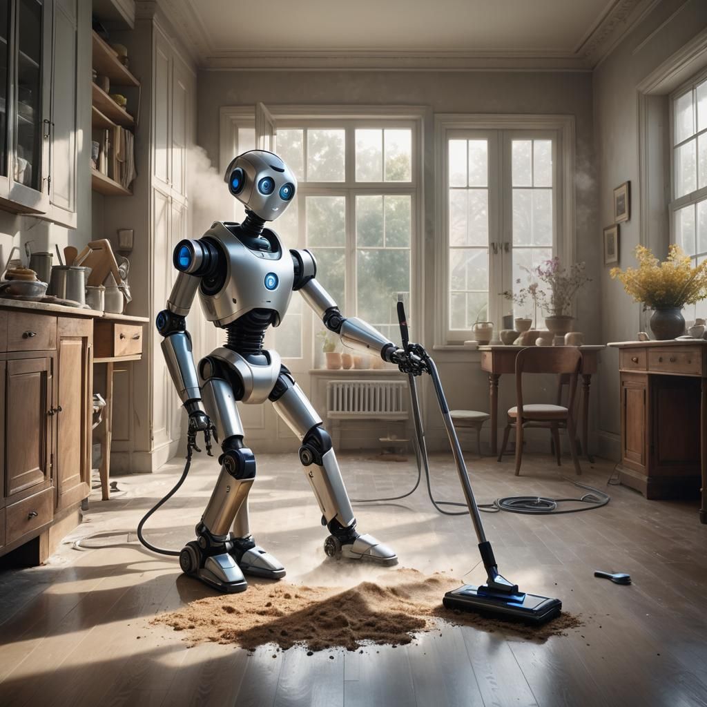 Cute Robot Cleans a Dusty Mansion: Digital Art