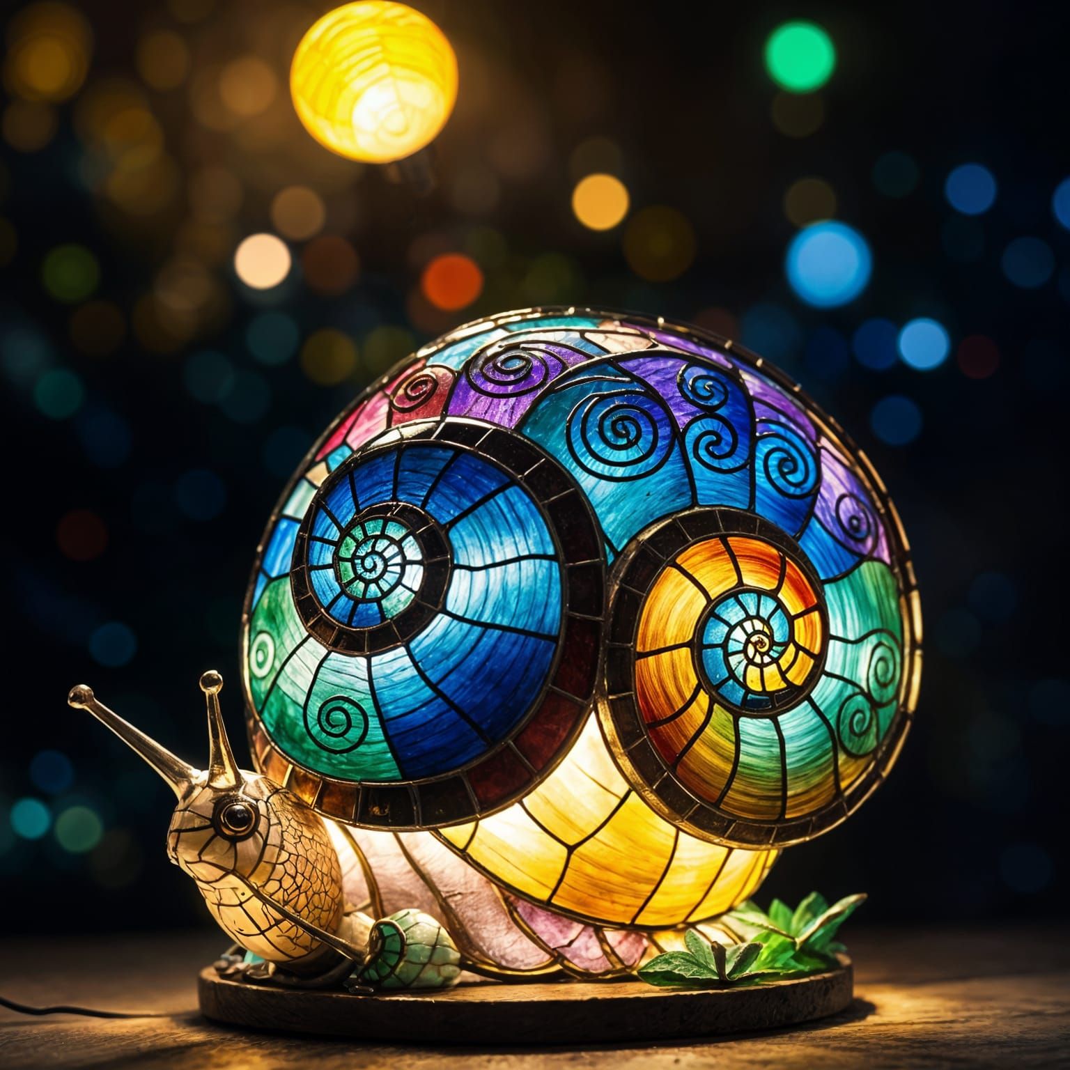 Glowing Stained Glass Snail Lamp at Night