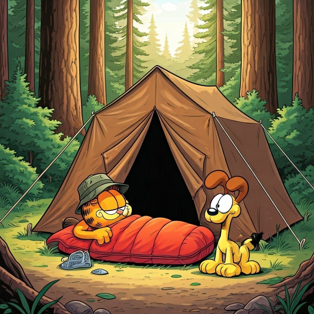 Garfield and Odie in a Classic Comic Strip Camping Scene