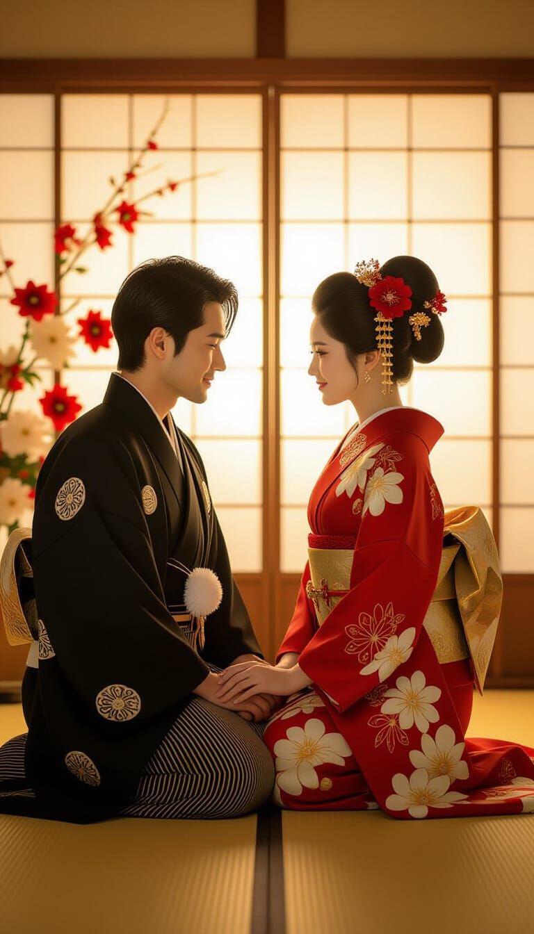 Loving Japanese Couple in Traditional Kimonos