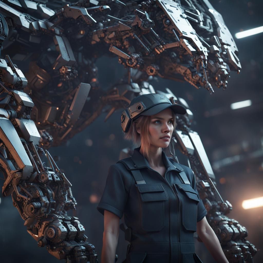 Futuristic Mechanic Working on Giant Zoid in Hangar