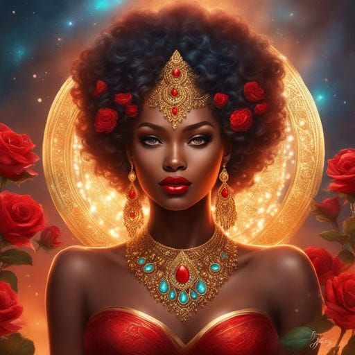 Beautiful African Woman in Red Lingerie with Roses