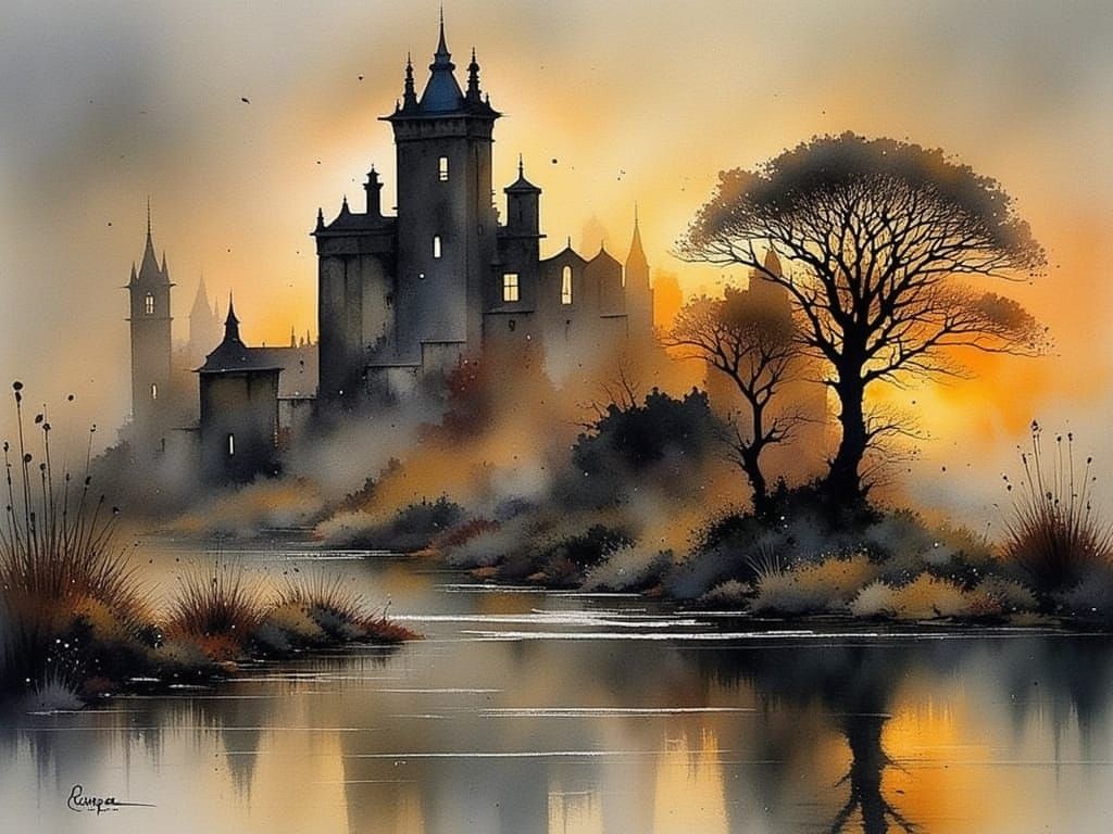 Ruined City Reflected in Gentle Sunset, Intricately Detailed...