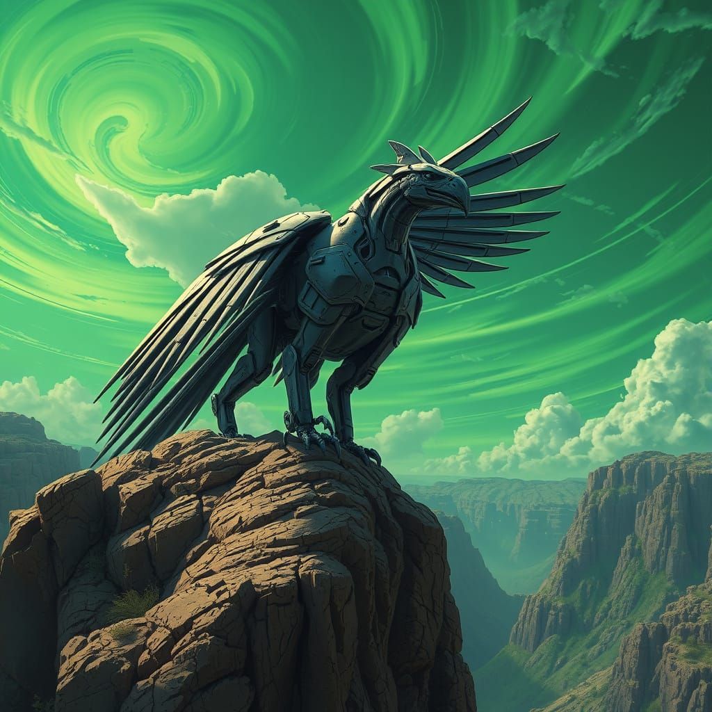 Cyberpunk Robot Griffin Perched Atop Canyon