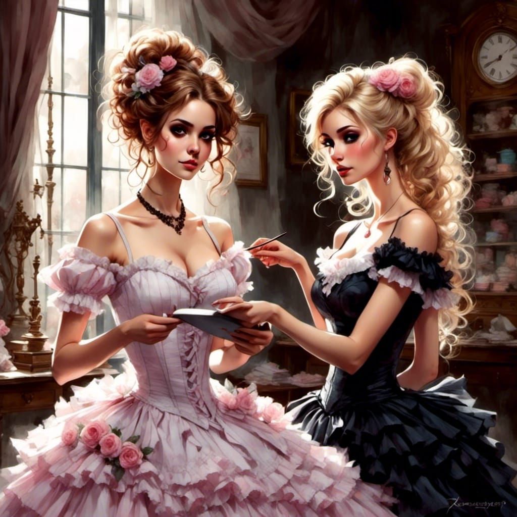 Victorian Watercolor: Princess and Servant at Dressmaker