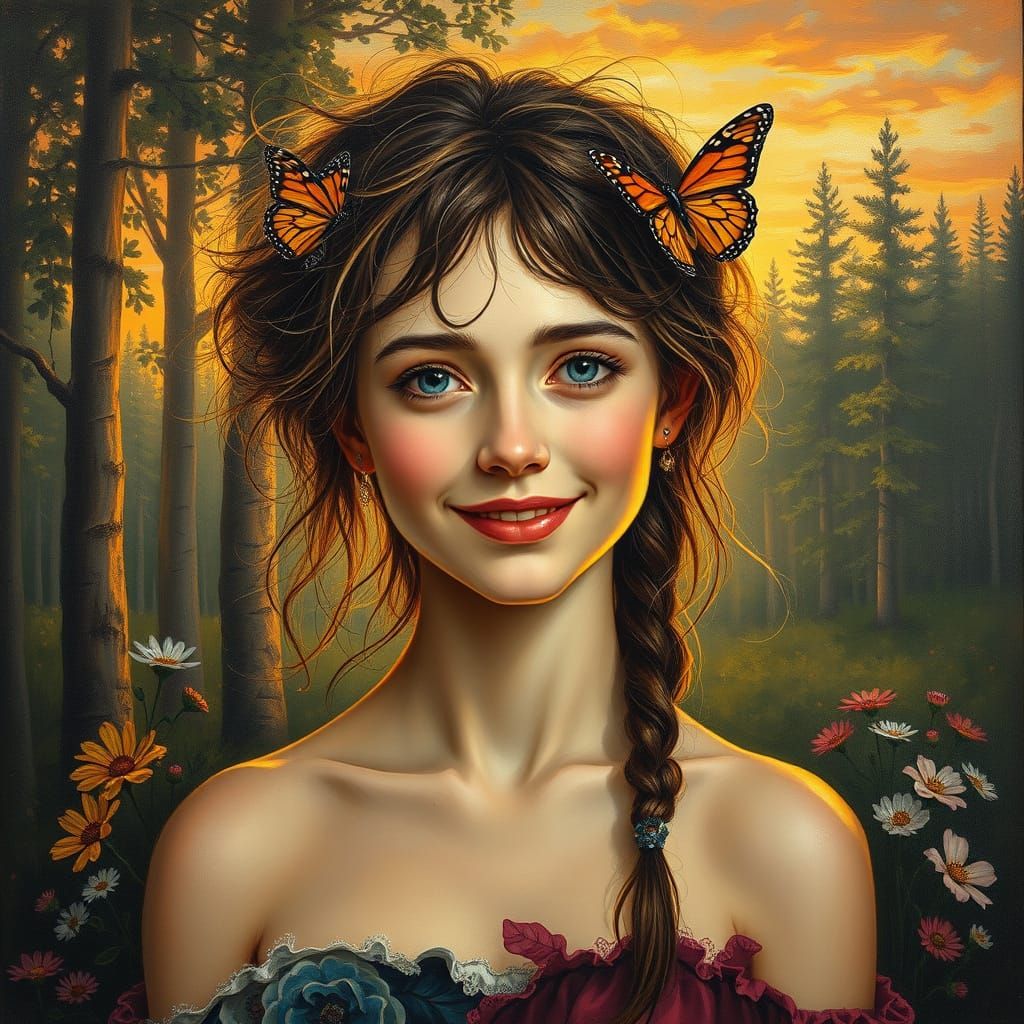 Byzantine Portrait of Smiling Woman with Butterfly