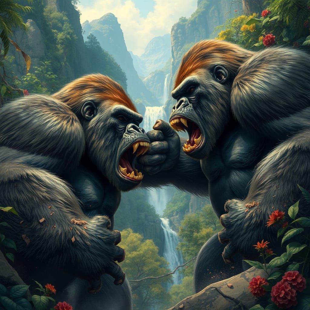 Epic Jungle Battle of Two Colossal Gorillas in Hyper-Realist...