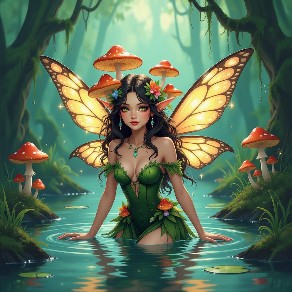 Swamp Fairy Emerges in Modern Ink Painting