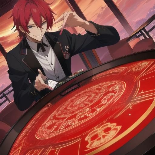 Anime Man Playing Cards in First-Person View