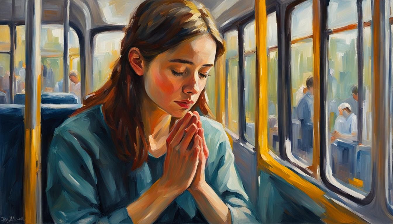 Impressionist Painting of Woman Praying on Bus